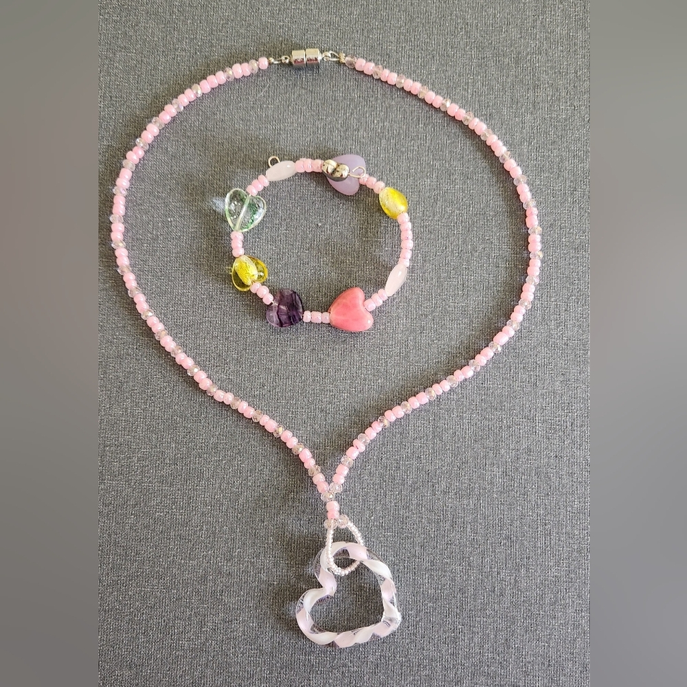 Pink Heart Art Glass Necklace And Bracelet